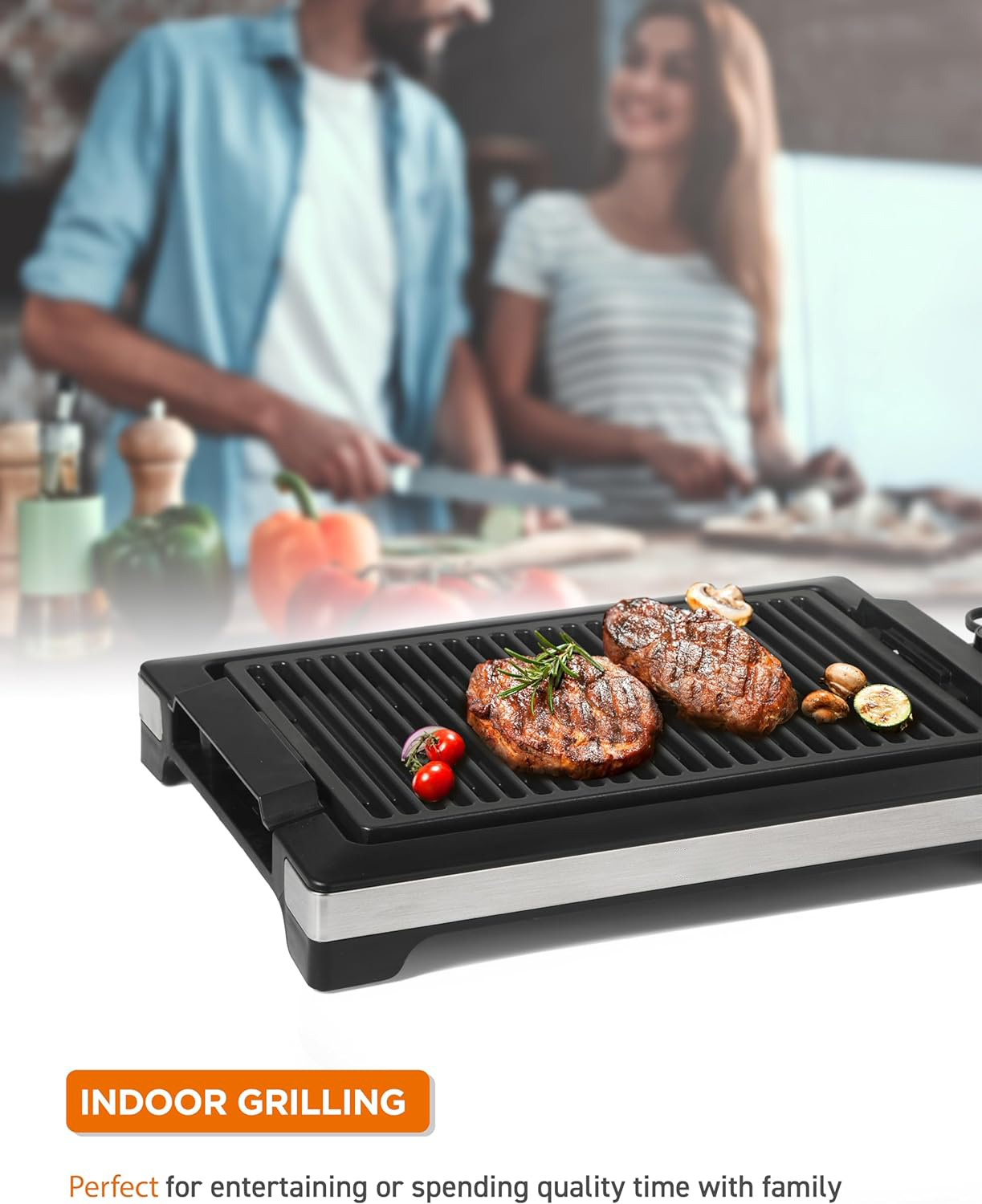 Indoor Grill for Tabletop, Countertop or Kitchen, 1600W Electric Grill with Adjustable Temperature Control, Stainless Steel and Black Portable Grill for Indoor Use