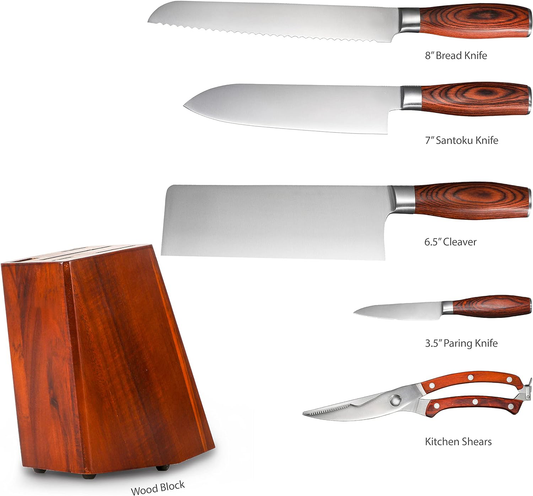 6 Piece Kitchen Knife Set, Knife Set with Block, Kitchen Knives Including Cleaver, Santoku Knife, Bread Knife, Paring Knife & Heavy-Duty Poultry Shears